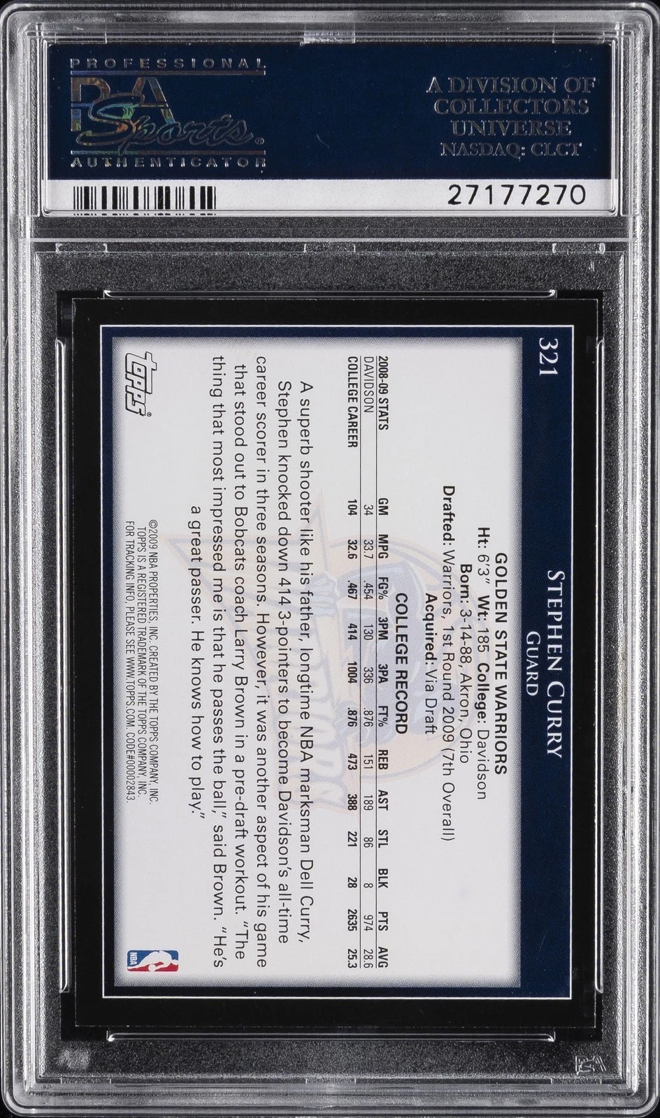 2009 Topps #321 Stephen Curry Rookie Card - PSA 10 Graded, Mint Condition - Graded Legends