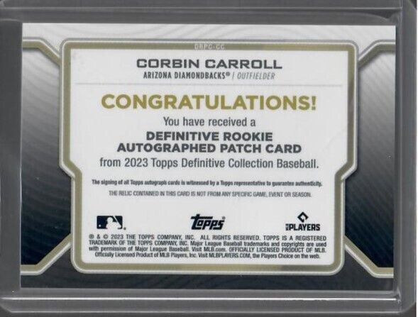 2023 Topps Definitive Corbin Carroll Rookie Patch Auto – #24/50, Arizona SP