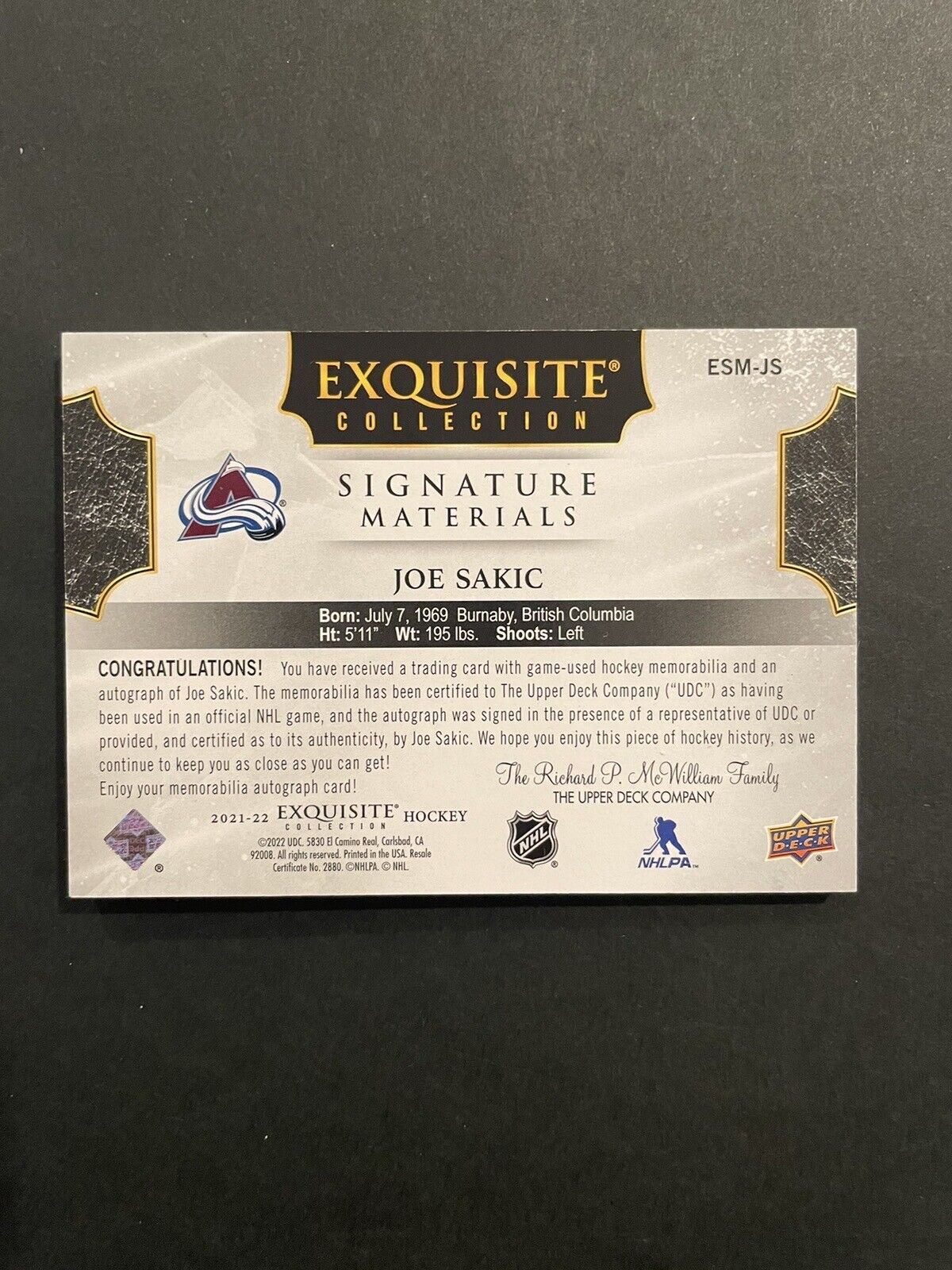 2021-22 Exquisite Collection Joe Sakic Auto Patch – 4/5, Hard Signed, Sick Patch