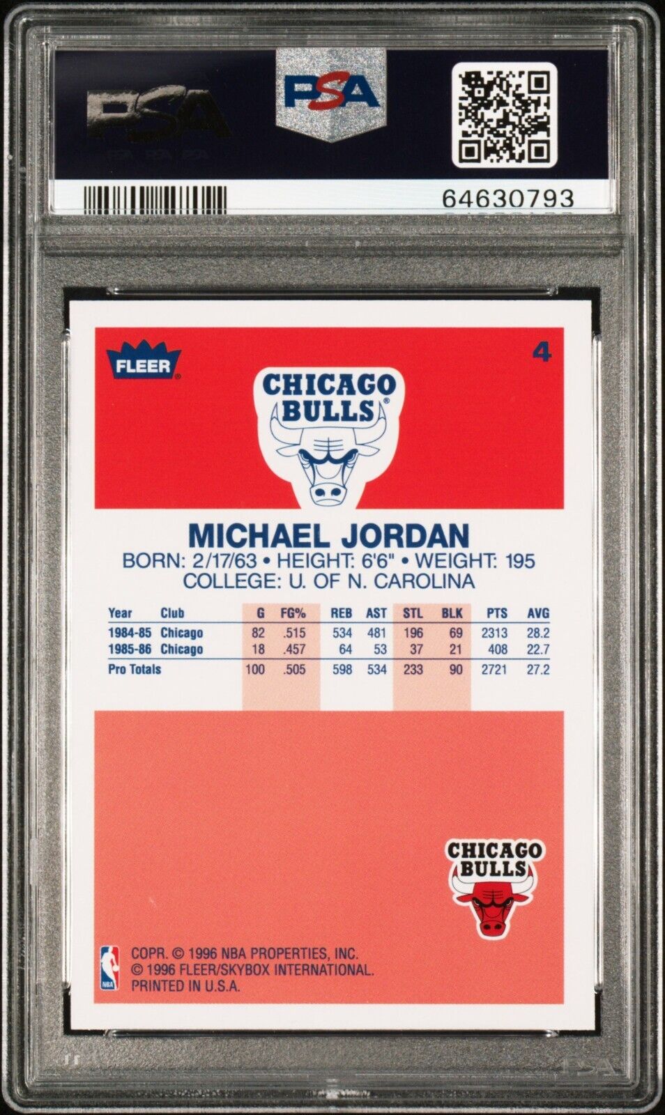 1996 Fleer Michael Jordan – Decade of Excellence Rookie #4, PSA 9 MINT, Bulls HOF